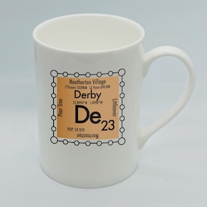 Personalised DE Derby bone china mug with a chemistry design