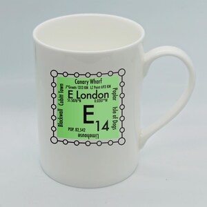 Personalised E East London bone china mug with a chemistry design E postcodes