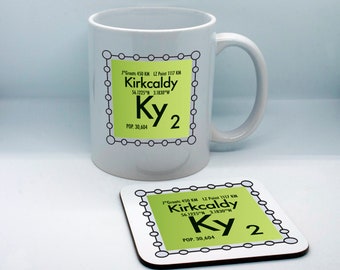 Kirkcaldy custom Ky postcode coaster and mug with science design