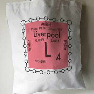 May include: A white tote bag with a pink and black design featuring the text "Liverpool" and "L4" with coordinates and distances to other locations. The design is reminiscent of a subway map.