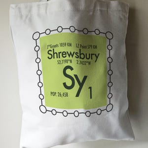 May include: White canvas tote bag with a green square design featuring the name "Shrewsbury", coordinates, and the text "Sy1". The bag also includes the text "J°Groats 1059 KM" and "LZ Point 579 KM".