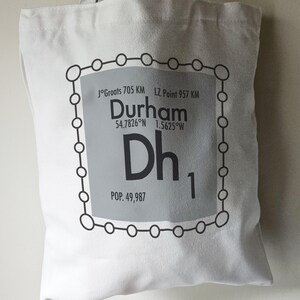 Durham tote bag with chemistry design: DH Postcodes