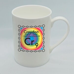 personalised Cr Croydon bone china mug with a chemistry design