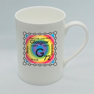 personalised g bone china Glasgow mug with a chemistry design