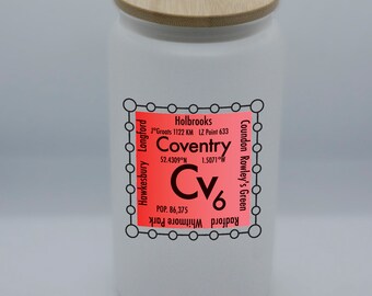 Coventry Glass can with custom Cv science design, perfect for iced latte