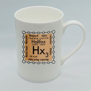 Personalised HX Halifax bone china mug with a chemistry design