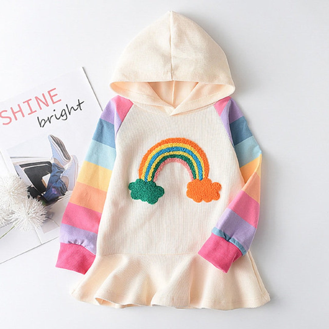 Toddler Girl Long Sleeve Rainbow Hooded Dress - Etsy