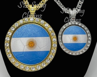 Argentina Soccer Spinning Swag Chain Necklace - Custom Gold or Silver Jewelry World Cup 2022 Champions Futbol Football