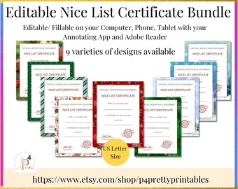 Bundle of Editable Nice List Certificates by Santa Claus Official North Pole Certificate  Holiday Printables Christmas in July Kids Gifts