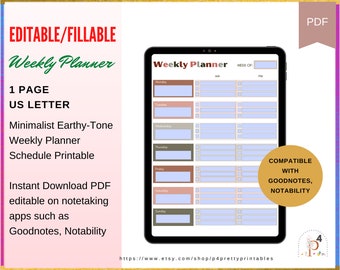 iPad Weekly digital Planner Editable Schedule Week Fillable Agenda Planning Goodnotes Notability Undated Planner Productivity Minimalist PDF