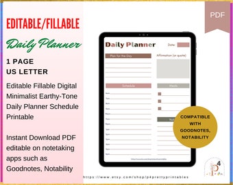 Digital Daily Planner Editable Schedule Day Agenda Fillable iPad Goodnotes Notibility iPAD Undated Planning PDF Instant Download Minimalist