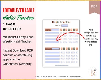 Digital Habit Tracker Fillable Health Tracker Editable Tracker Week IPAD Goodnotes Notability Undated Tracker for Health Wellness Fitness