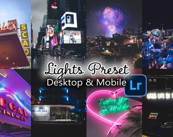 May include: A collage of images showcasing the use of a Lightroom preset to enhance photos with neon lights. The preset is called "Lights Preset" and is available for both desktop and mobile devices. The images feature neon signs, city lights, and fireworks.