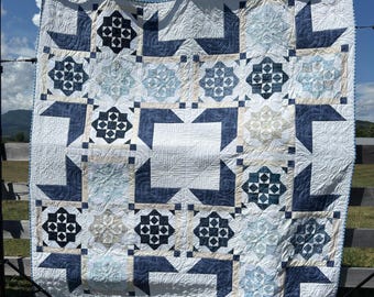 Handcrafted Blue Geometric Quilt: Queen Size Cotton Bedspread