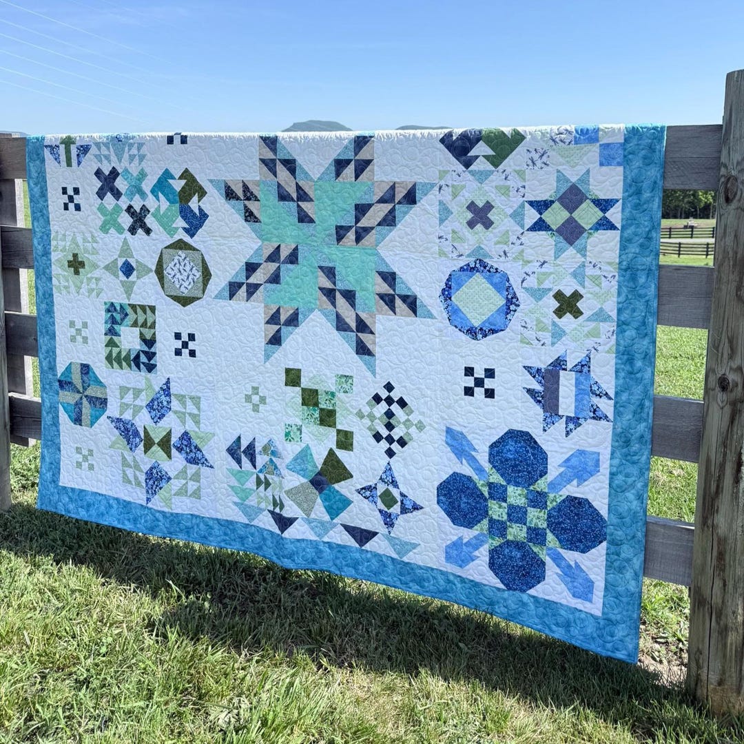Handmade Blue Green Patchwork Sampler Quilt | Coastal Starburst Bed ...