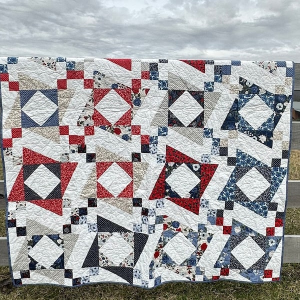 Twisted Star, Red, White & Blue HandMade Quilt 59"x74"