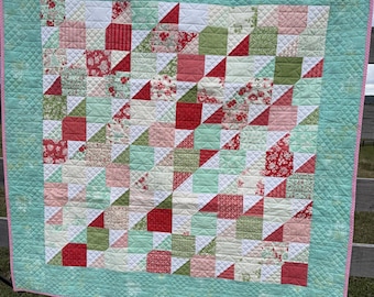 Mint & Pink Patchwork Baby Quilt | Floral Cottagecore Throw 55x57