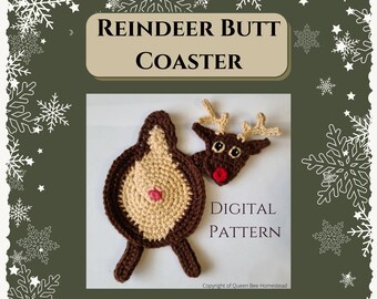 Crochet Pattern, Reindeer Butt Coaster, DIGITAL DOWNLOAD