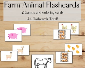 Farm Animal Flashcards, games and coloring cards, Printable Digital Product