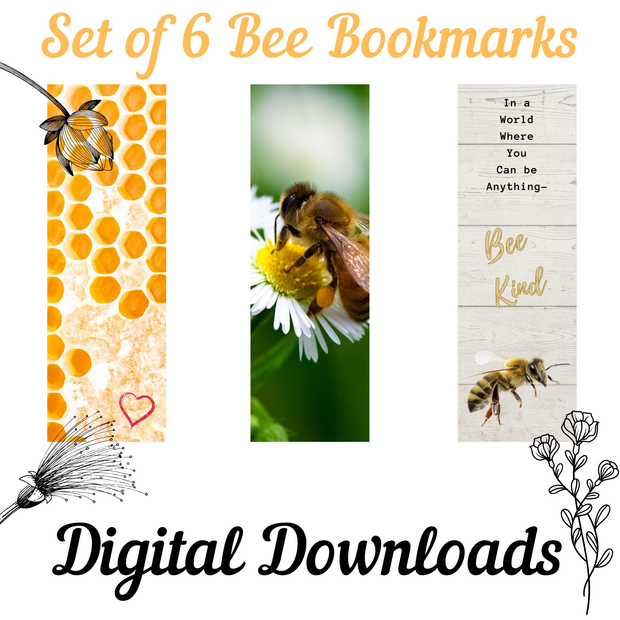 Set of Six Honey Bee Bookmarks, Digital Bookmarks to Download - Etsy