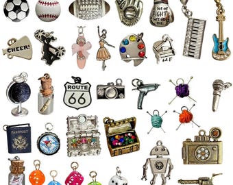Assorted Sports, hobby and travel themed charms for bracelets, necklaces and jewelry making