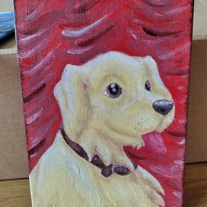 Golden Retriever Dog Portrait Illustration Acrylic Painting Red Background On Canvas Board