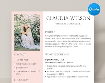 Clean Resume Template, Canva Resume, Professional Creative Resume Template for Canva, Sorority Resume, Cover Letter, CV, Instant Download