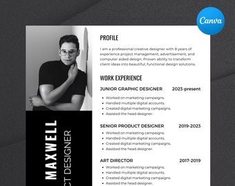Modern Resume Template, Canva Resume, Canva Template, Professional Creative Resume Template for Canva, Cover Letter, CV, Instant Download