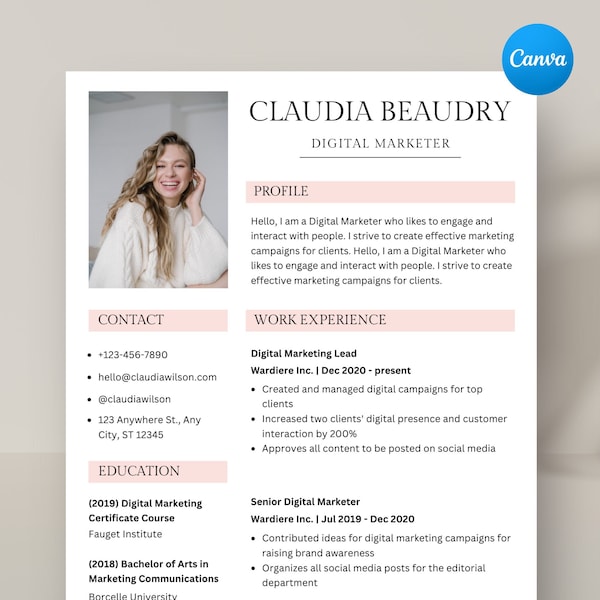 Clean Resume Template, Canva Resume, Canva Template, Professional Creative Resume Template for Canva, Cover Letter, CV, Instant Download