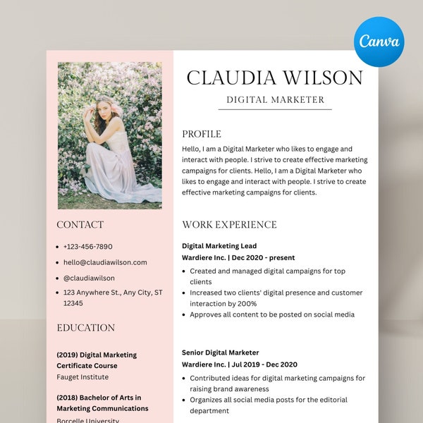 Clean Resume Template, Canva Resume, Professional Creative Resume Template for Canva, Sorority Resume, Cover Letter, CV, Instant Download