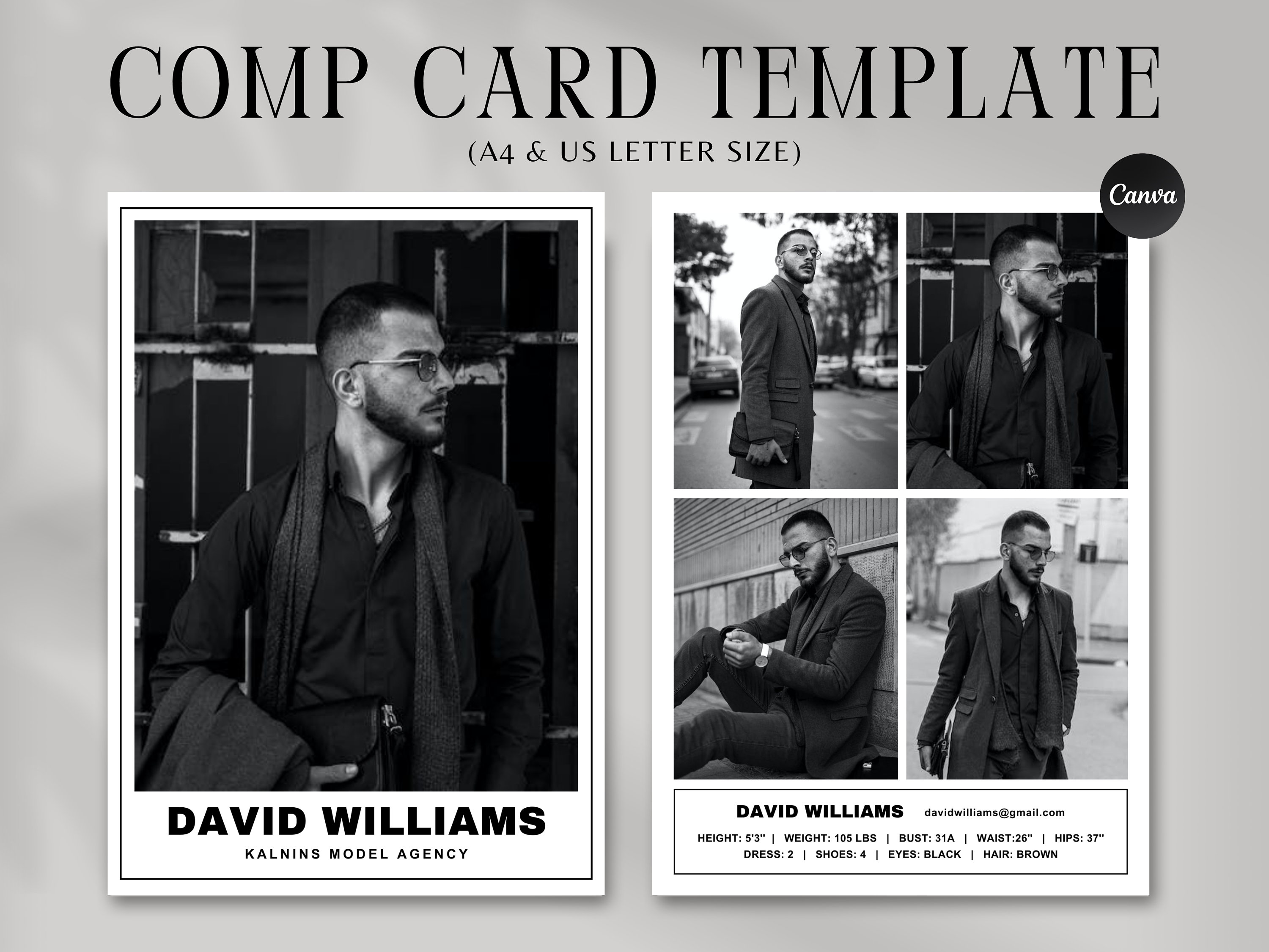 Male Model Comp Card Template, Canva Template, Fashion Model Zed Card ...