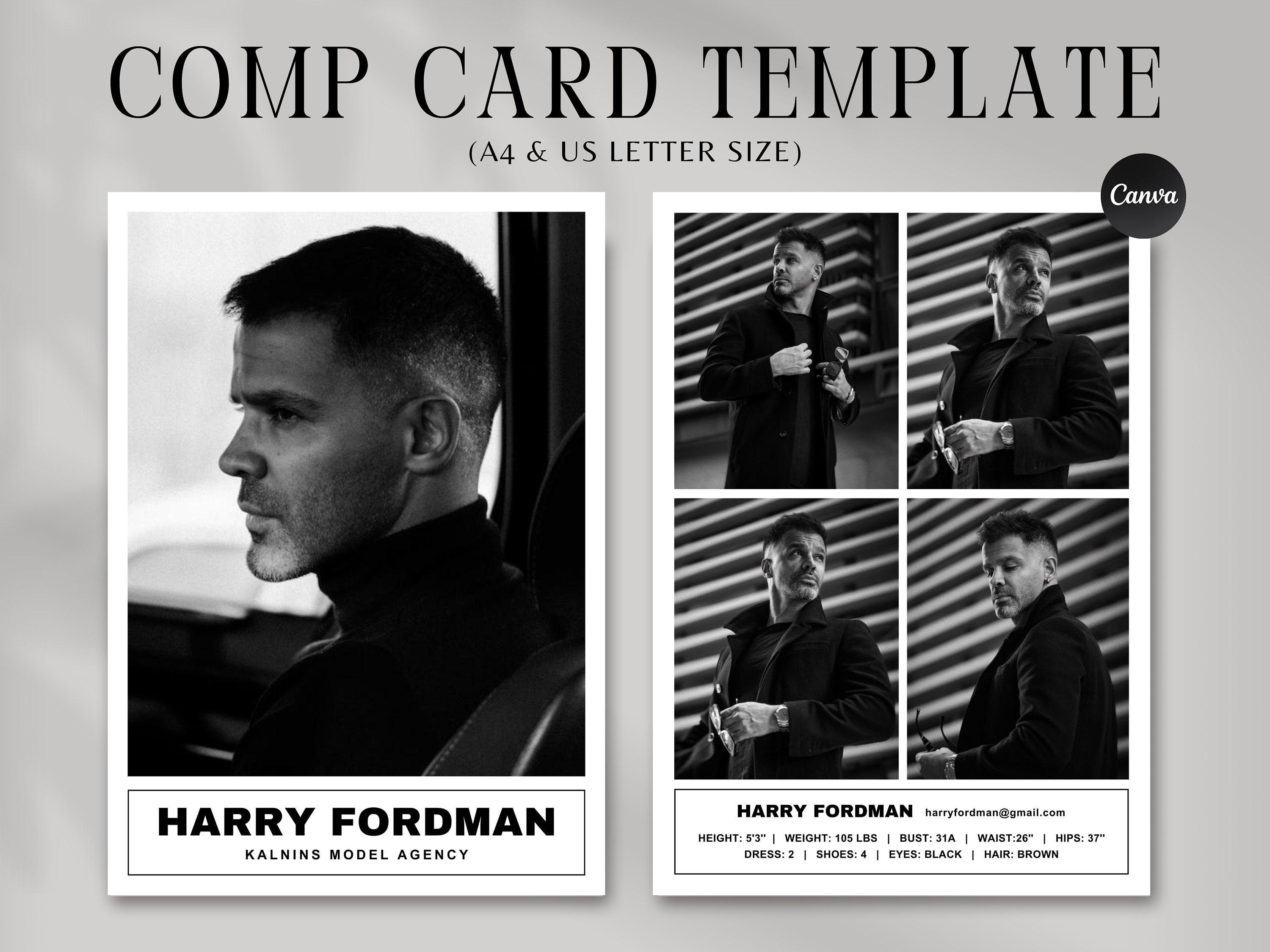 Male Model Comp Card Template, Fashion Model Zed Card, Model