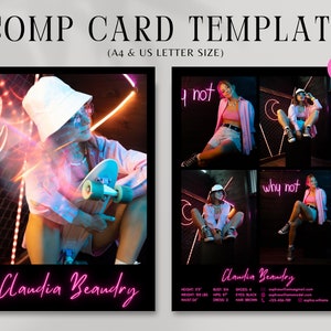 Modellering Comp kaartsjabloon, Canva sjabloon, Fashion Model Zed Card, Model Portfolio, Fashion CV fotokaart, roze Neon, bewerkbaar