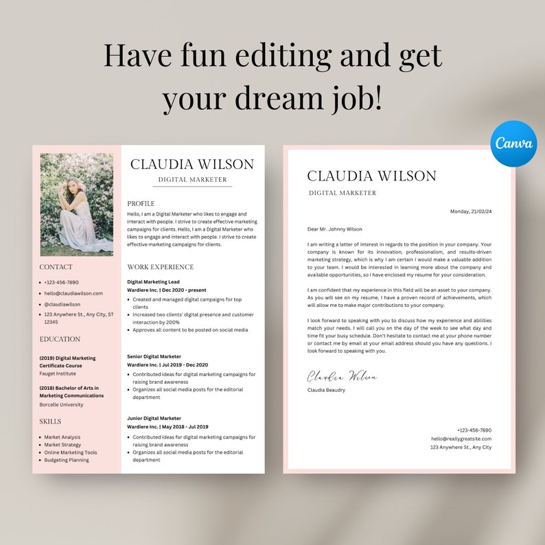 Clean Resume Template, Canva Resume, Professional Creative Resume Template for Canva, Sorority Resume, Cover Letter, CV, Instant Download image 10