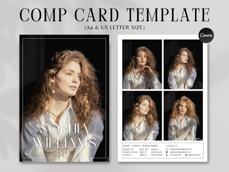 Modeling Comp Card Template, Canva Template, Fashion Resume Photo Card ...