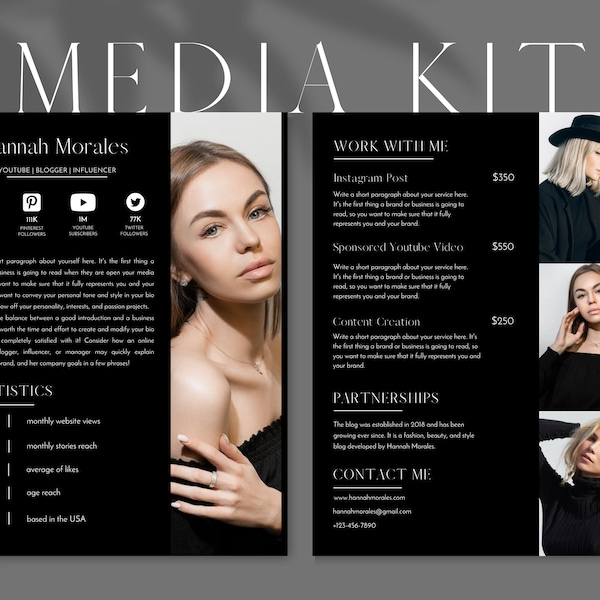 2 Page Black Media Kit Template, Influencer Media Kit, Social Media Kit, Media Press Kit, Media Kit Rate Sheet, Canva Branding Kit