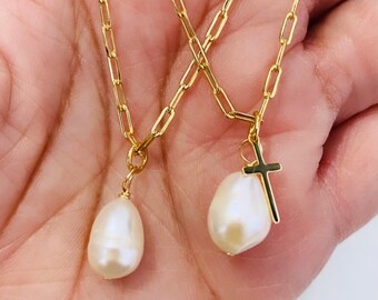 Freshwater Pearl Necklace/Dainty Pearl Necklace/Gold Filled Necklace/Cross Necklace/Layering Necklace/Single Pearl Necklace/Pearl Jewelry