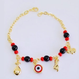 Evil Eye Bracelet- Azabache Bracelet-Gold Filled Protection Figa Hand- Elephant Chain Charm Bracelet, Dangling Bracelet, Pendant Bracelet