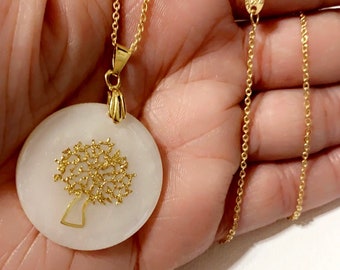 Tree Of Life Pendant, Delicate Gold Necklace With Nacre Tree Of Life, Dainty Gold Filled Necklace, Minimalist Family Tree Necklace Jewelry