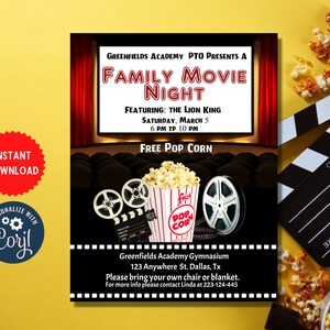 Filmavond Flyer-sjabloon, uitnodiging voor feest voor familie-evenementen, filmthema familie-avondje uit, Instant afdrukbare downloadkaart, MLN96