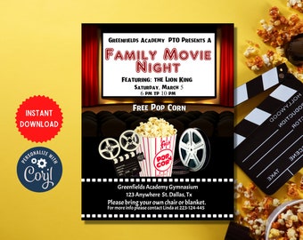 Movie Night Flyer Template, Family Event Party Invitation,  Movie Theme Family Night Out, Instant Printable Download Card, MLN96