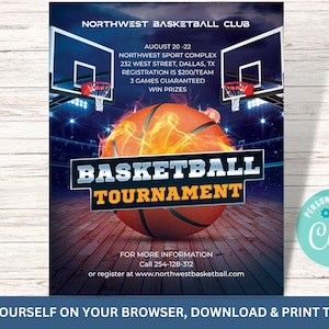 May include: A basketball tournament flyer with a basketball on fire in the center. The flyer is for the Northwest Basketball Club and is being held August 20-22 at the Northwest Sport Complex in Dallas, TX. Registration is $200 per team and includes 3 games guaranteed. There are also win prizes.