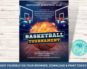 Basketbaltoernooi Flyer, Sport Competitie Poster Bewerkbare sjabloon Digitale Corjl, SS3231
