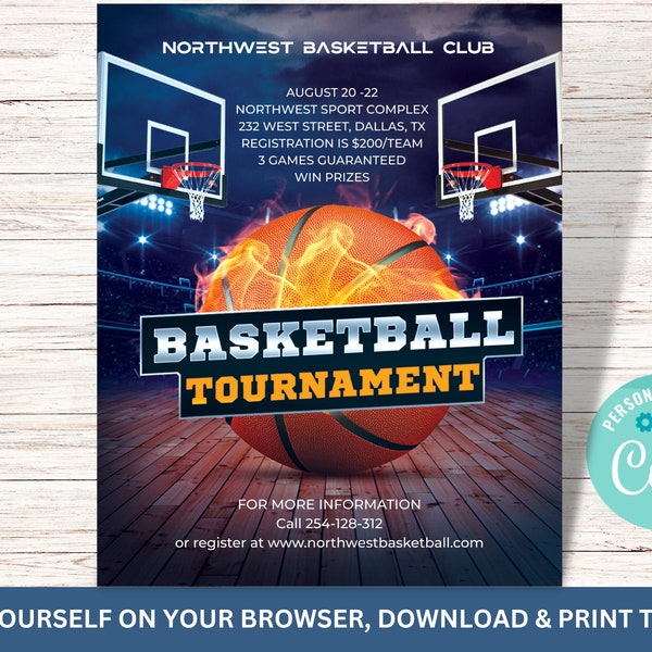 Basketball Tournament Flyer, Sport Competition Poster Editable Template Digital Corjl, SS3231