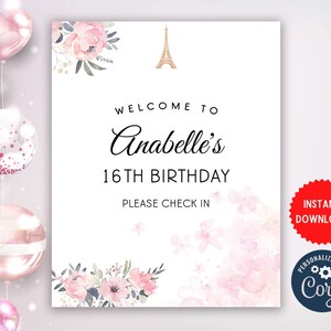 Parijs thema verjaardag uitnodigen Checkin Welkomstbord, Sweet Birthday Party Celebration, kaart aanpassen, Instant Download, MLN63b