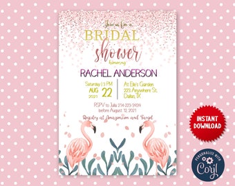 Tropical Bridal Shower Invite Template, Bridal Shower Invitation, Instant Download Printable Editable Flamingo Wedding Card, MLN8