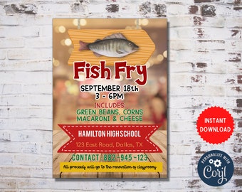 Könnte beinhalten: Ein rotes und weißes Schild mit einem Holzhintergrund und einem Cartoon-Fisch, der an einem Holzpfeil hängt. Das Schild sagt "Fish Fry" und enthält das Datum und die Uhrzeit der Veranstaltung, "18. September, 15:00-18:00 Uhr". Das Schild listet auch die Menüpunkte auf: "Grüne Bohnen, Mais, Makkaroni und Käse". Das Schild enthält auch den Namen und die Adresse des Veranstaltungsortes, "Hamilton High School, 123 East Road, Dallas, TX". Das Schild enthält auch eine Telefonnummer, "882-945-123". Das Schild enthält auch den Text "Alle Einnahmen gehen an die Renovierung der Klassenzimmer".