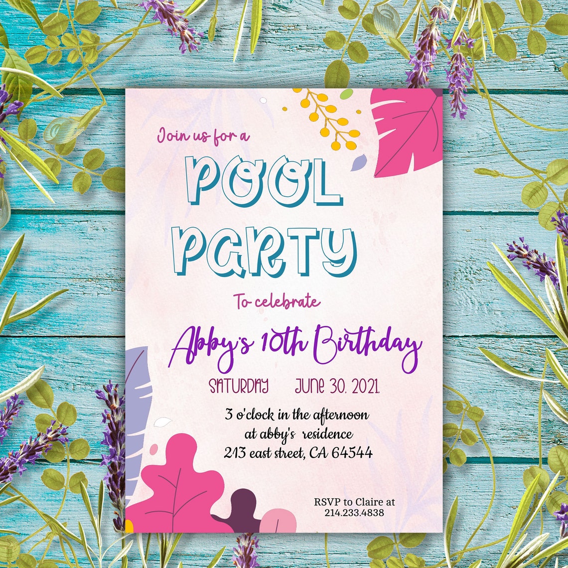 Editable Pool Party Invitation, Floral Summer Theme, Pool Party Invite ...