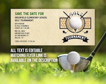 Golf Tournament School Church Non-Profit Event Custom printable Editable Save the Date Ticket MLN101b