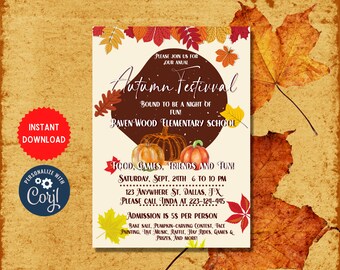 Autumn Festival Flyer Invite Template, Pumpkin Patches Party Invitation, Editable Halloween Event Celebration, Instant Download Card, MLN108